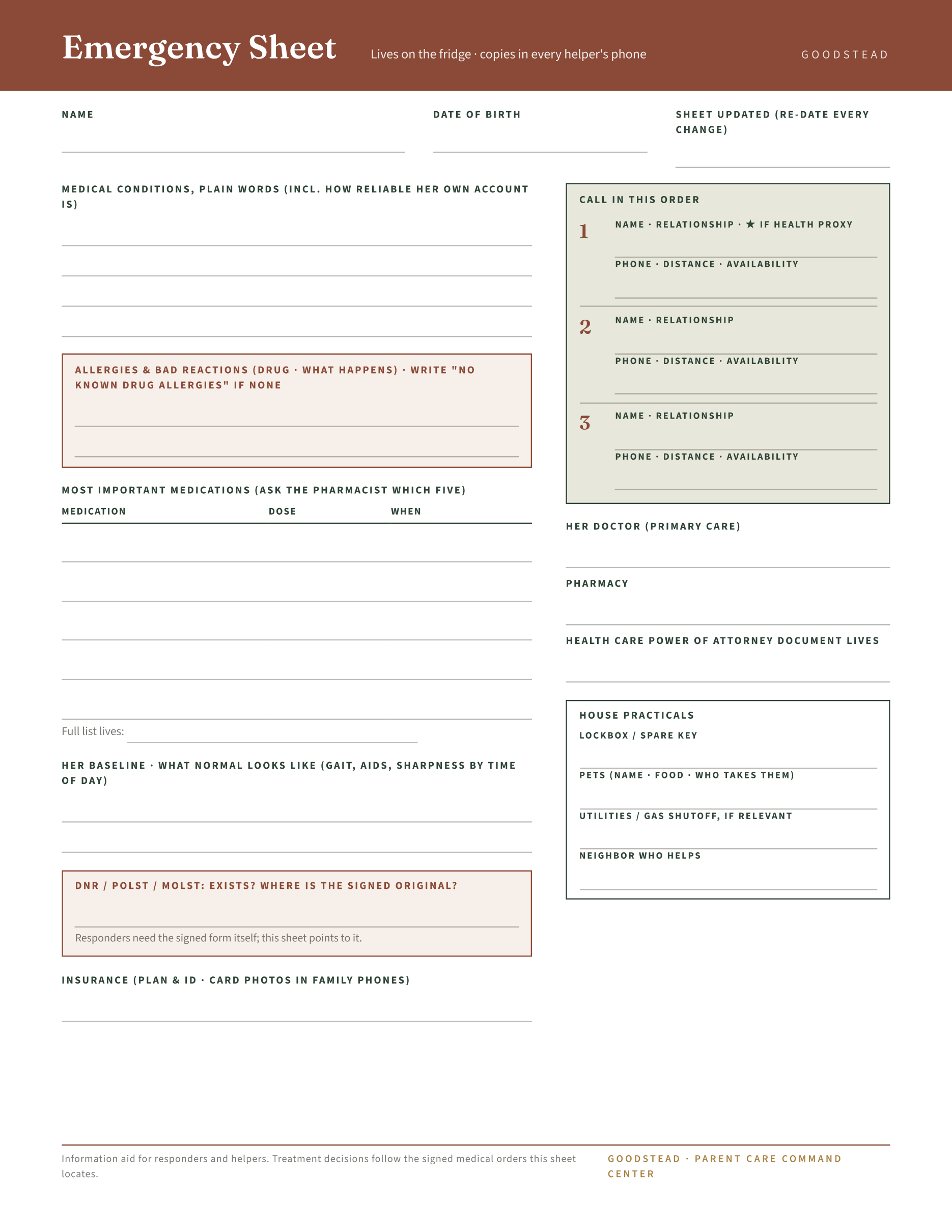 The one-page Emergency Sheet