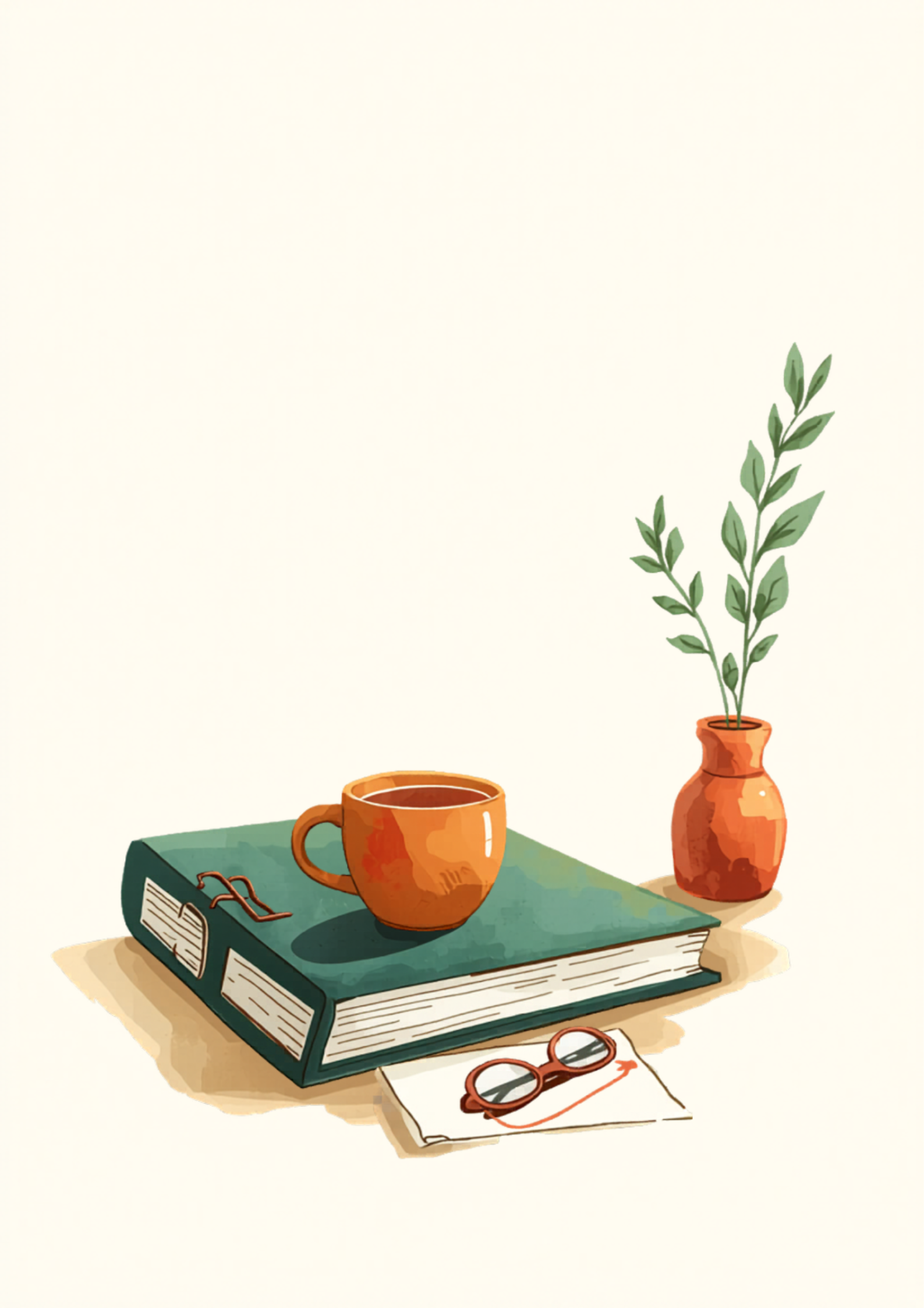 A still life of a binder, a mug of tea, reading glasses, and a small sprig of greenery on a kitchen table